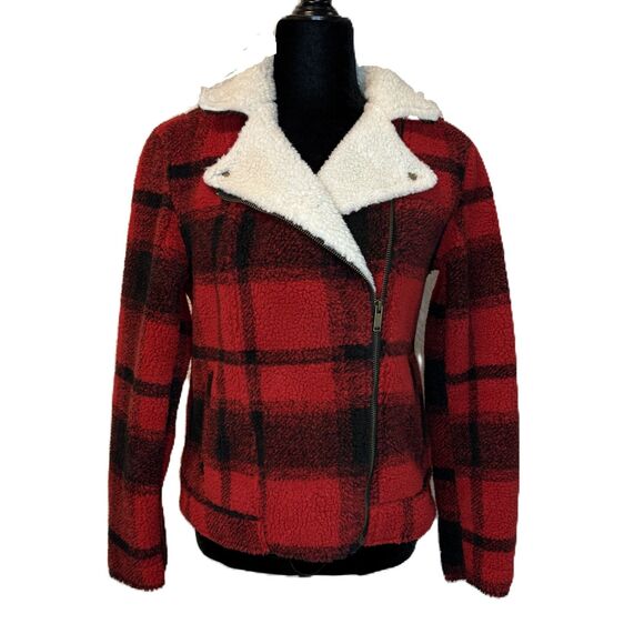 Old Navy Buffalo Plaid Sherpa Moto Jacket, Size Medium - Picture 2 of 6